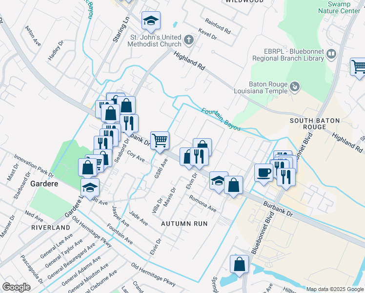 map of restaurants, bars, coffee shops, grocery stores, and more near 9719 Burbank Drive in Baton Rouge
