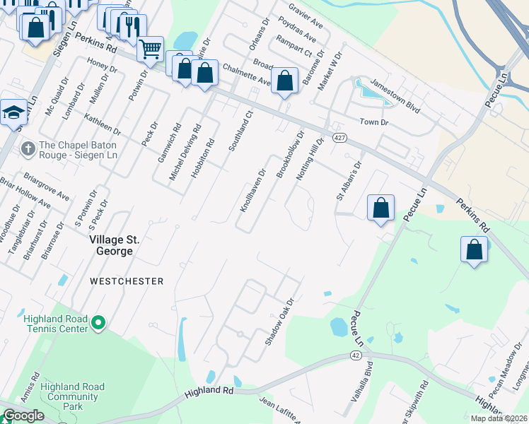map of restaurants, bars, coffee shops, grocery stores, and more near 1138 Brookhollow Drive in Baton Rouge