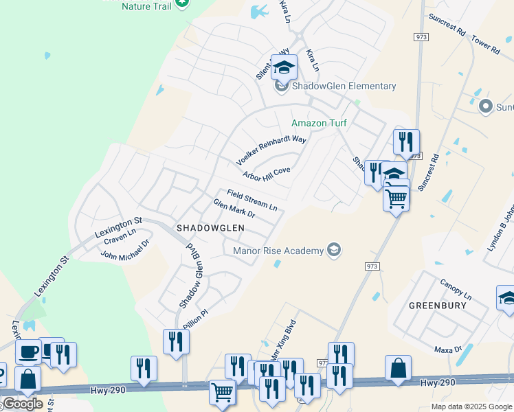 map of restaurants, bars, coffee shops, grocery stores, and more near 13720 Field Stream Lane in Manor