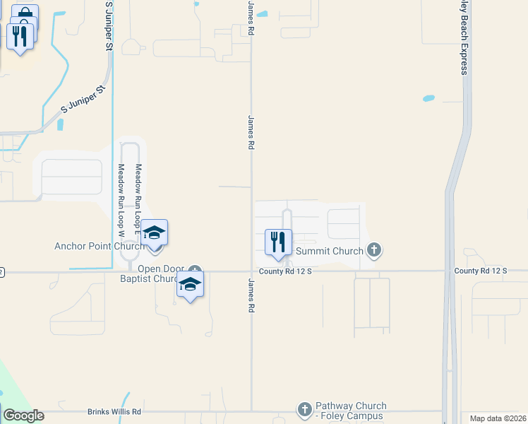 map of restaurants, bars, coffee shops, grocery stores, and more near 1202 Primrose Lane in Foley