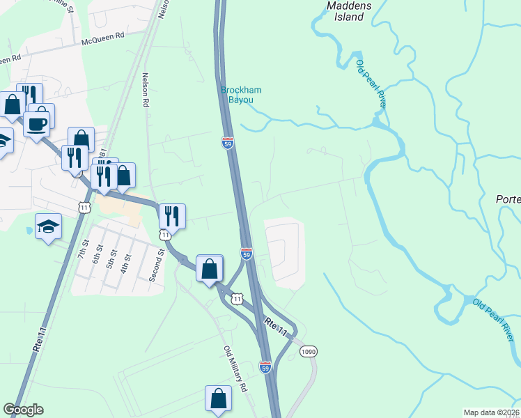 map of restaurants, bars, coffee shops, grocery stores, and more near 39420 Porters River-East Road in Pearl River