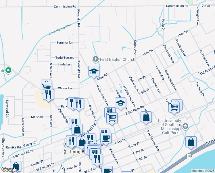 map of restaurants, bars, coffee shops, grocery stores, and more near 204 North Cleveland Avenue in Long Beach