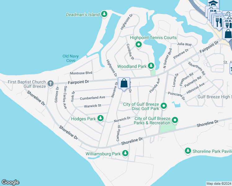 map of restaurants, bars, coffee shops, grocery stores, and more near 108 Navarre Street in Gulf Breeze