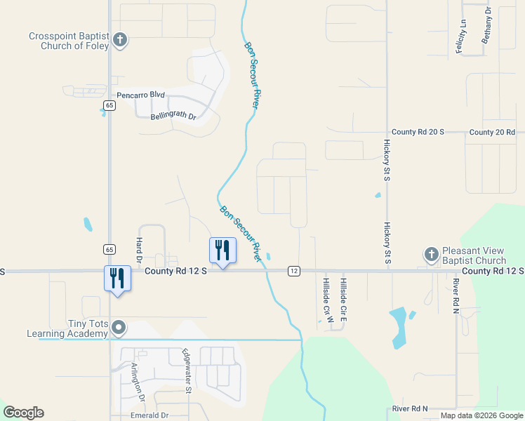 map of restaurants, bars, coffee shops, grocery stores, and more near 1275 Madera Circle in Foley