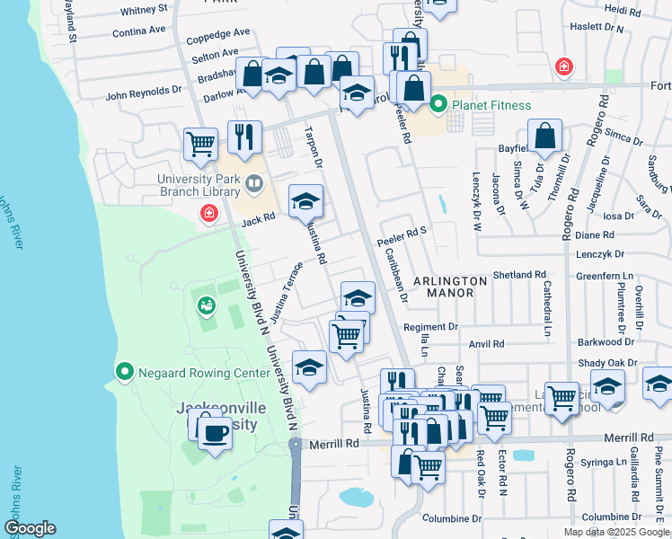 map of restaurants, bars, coffee shops, grocery stores, and more near 3253 Justina Road in Jacksonville