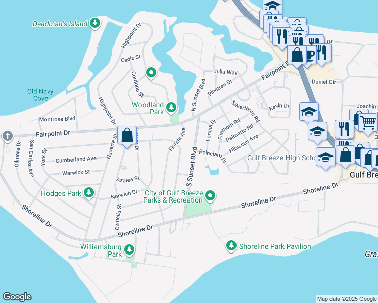 map of restaurants, bars, coffee shops, grocery stores, and more near 206 Dolphin Street in Gulf Breeze