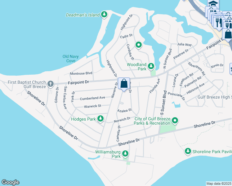 map of restaurants, bars, coffee shops, grocery stores, and more near 104 Navarre Street in Gulf Breeze