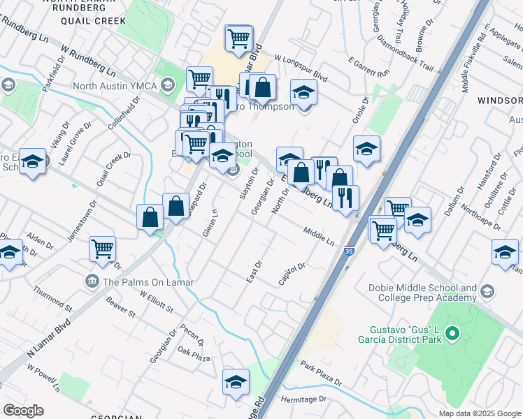 map of restaurants, bars, coffee shops, grocery stores, and more near 9109 Georgian Drive in Austin
