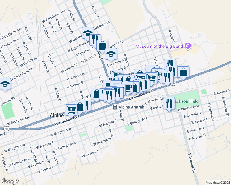 map of restaurants, bars, coffee shops, grocery stores, and more near 101 East Avenue E in Alpine