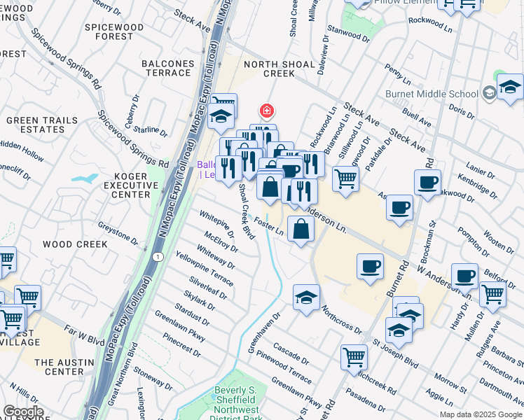 map of restaurants, bars, coffee shops, grocery stores, and more near 7801 Shoal Creek Boulevard in Austin