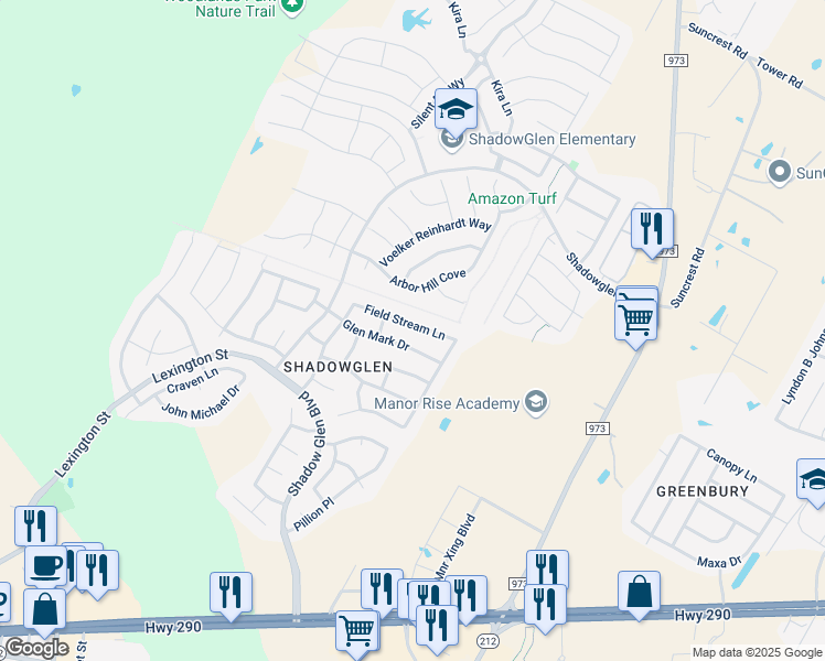 map of restaurants, bars, coffee shops, grocery stores, and more near 13720 Field Stream Lane in Manor