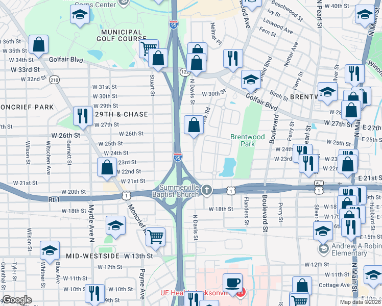 map of restaurants, bars, coffee shops, grocery stores, and more near 3308 North Davis Street in Jacksonville