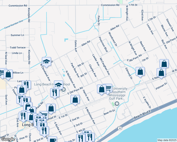 map of restaurants, bars, coffee shops, grocery stores, and more near 300 Gates Avenue in Long Beach
