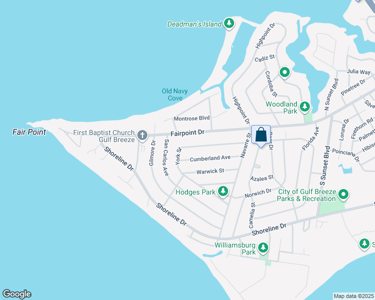 map of restaurants, bars, coffee shops, grocery stores, and more near 433 York Street in Gulf Breeze
