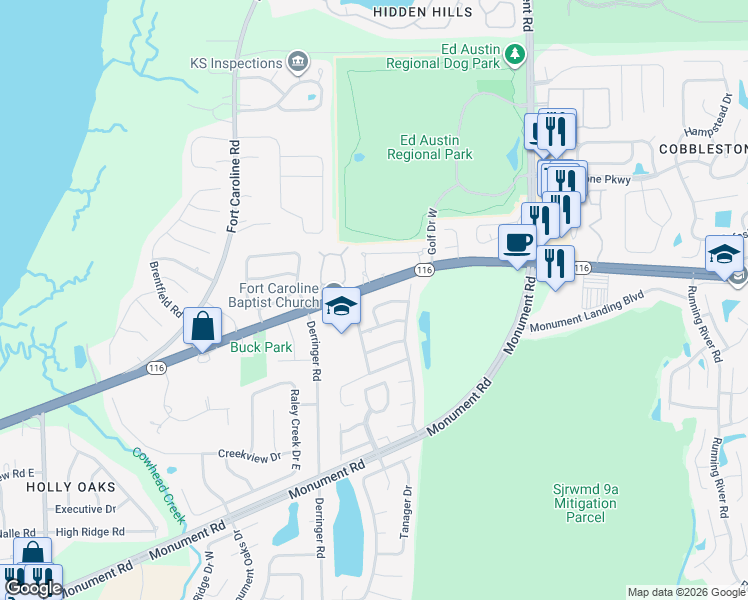map of restaurants, bars, coffee shops, grocery stores, and more near 2087 Broad Oak Drive in Jacksonville