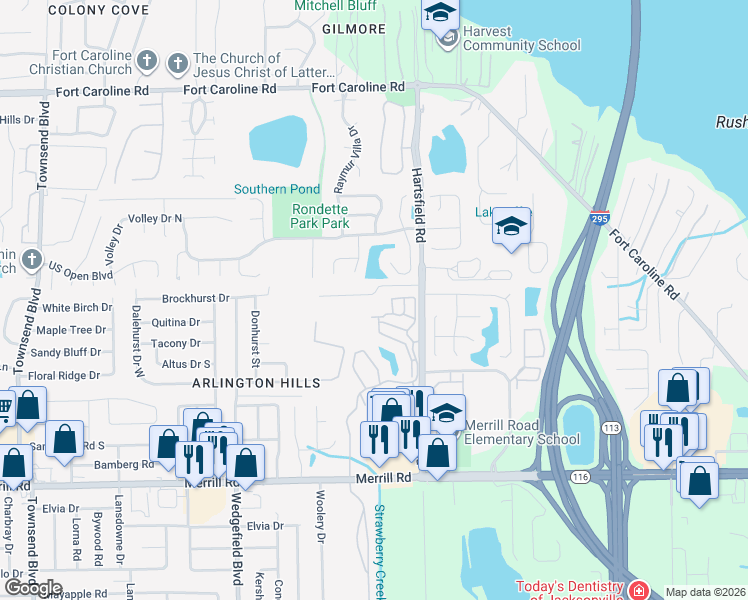 map of restaurants, bars, coffee shops, grocery stores, and more near 7925 Merrill Road in Jacksonville