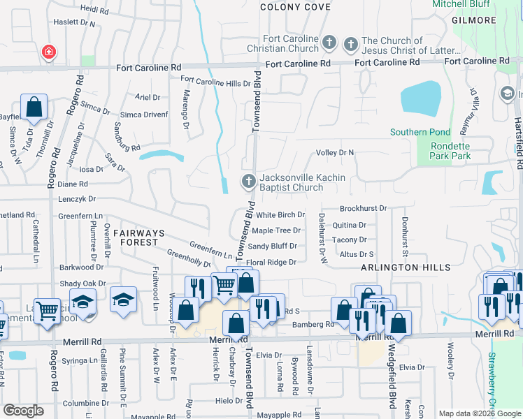 map of restaurants, bars, coffee shops, grocery stores, and more near in Jacksonville
