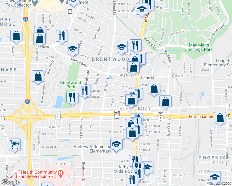 map of restaurants, bars, coffee shops, grocery stores, and more near 203 West 23rd Street in Jacksonville