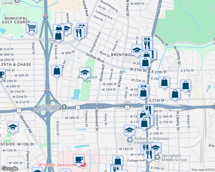 map of restaurants, bars, coffee shops, grocery stores, and more near 415 West 23rd Street in Jacksonville