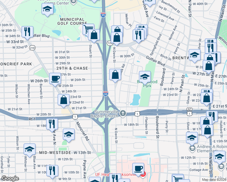 map of restaurants, bars, coffee shops, grocery stores, and more near 3308 North Davis Street in Jacksonville