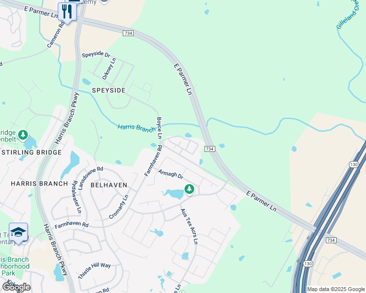 map of restaurants, bars, coffee shops, grocery stores, and more near 6848-7350 Boyce Ln in Manor