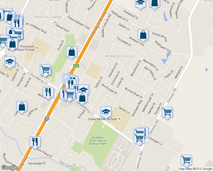 map of restaurants, bars, coffee shops, grocery stores, and more near 9607 Hansford Drive in Austin
