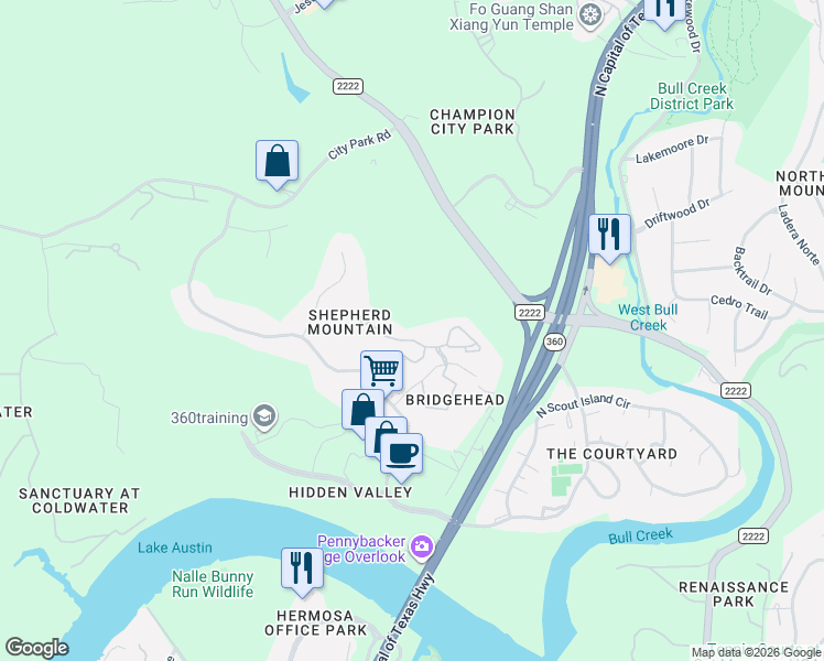 map of restaurants, bars, coffee shops, grocery stores, and more near 6000 Shepherd Mountain Cove in Austin