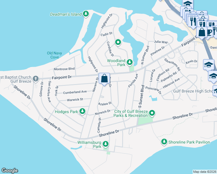 map of restaurants, bars, coffee shops, grocery stores, and more near 183 Camelia Street in Gulf Breeze