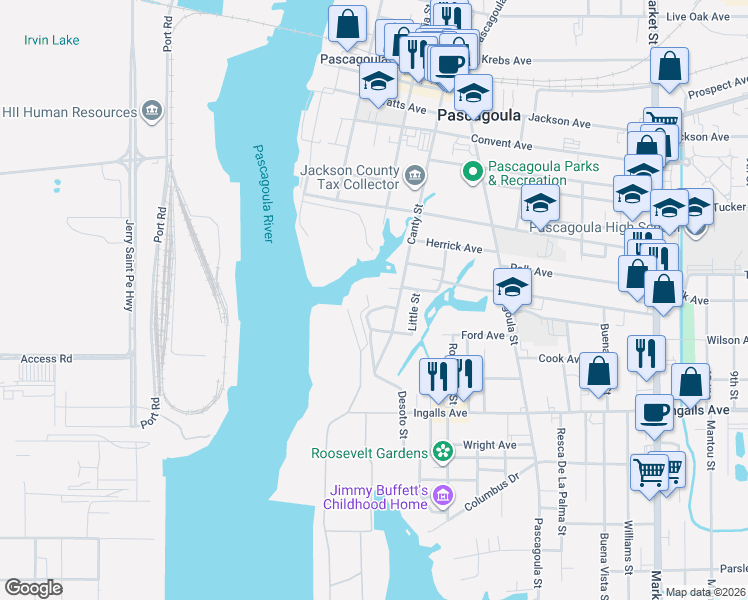 map of restaurants, bars, coffee shops, grocery stores, and more near 500-598 Henry Avenue in Pascagoula