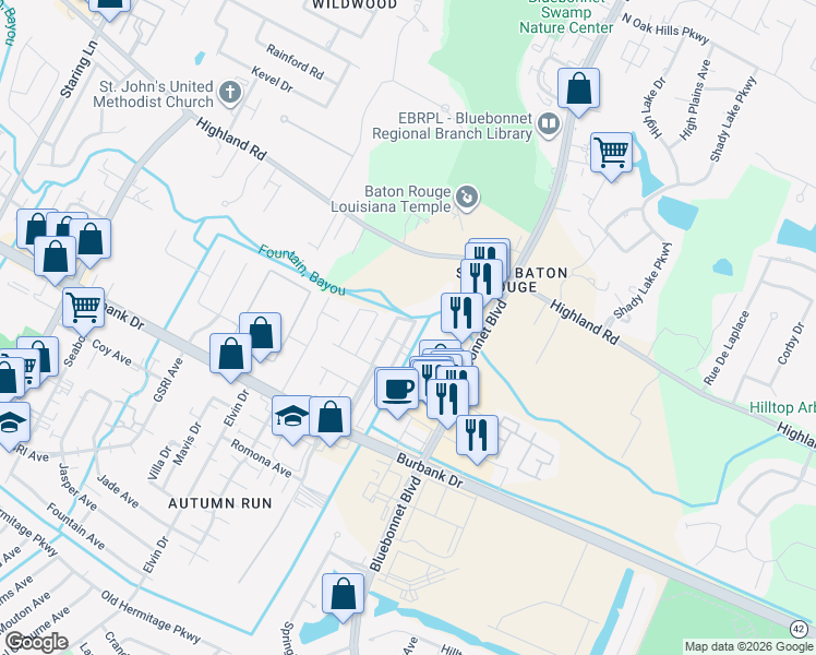 map of restaurants, bars, coffee shops, grocery stores, and more near 307 Greenhaven Drive in Baton Rouge