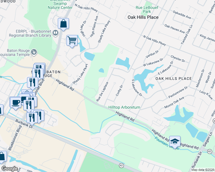 map of restaurants, bars, coffee shops, grocery stores, and more near 282 Rue De Laplace in Baton Rouge
