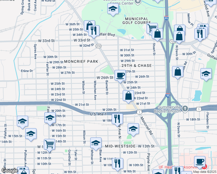 map of restaurants, bars, coffee shops, grocery stores, and more near 1408 West 24th Street in Jacksonville