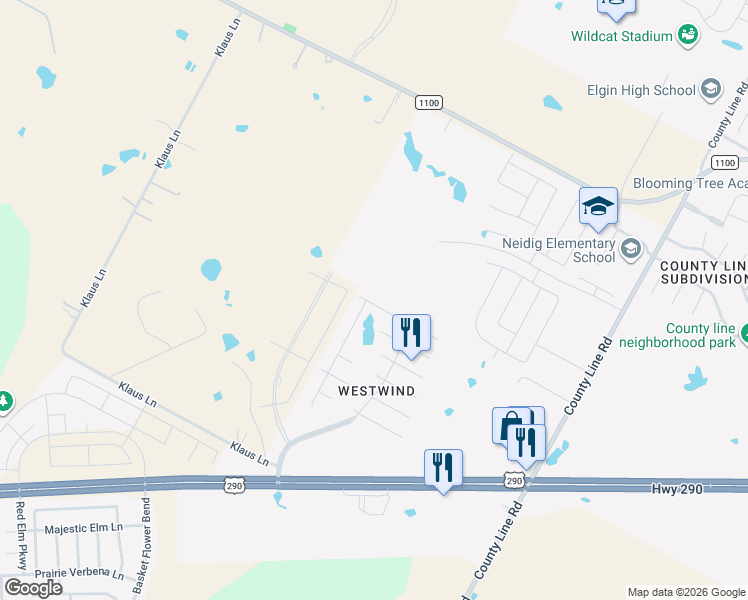 map of restaurants, bars, coffee shops, grocery stores, and more near 13817 Sierra Wind Lane in Elgin