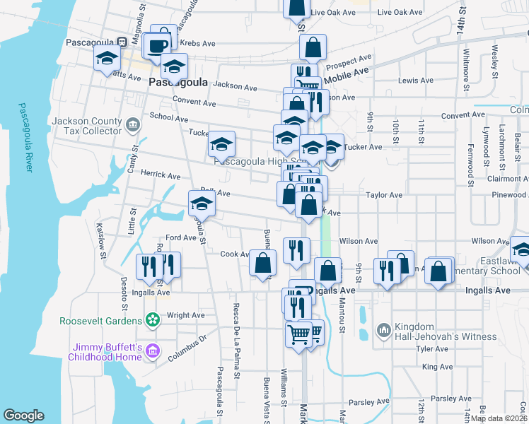 map of restaurants, bars, coffee shops, grocery stores, and more near 1308 Communy Ave in Pascagoula