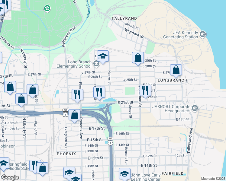 map of restaurants, bars, coffee shops, grocery stores, and more near 1450 23rd Circle South in Jacksonville