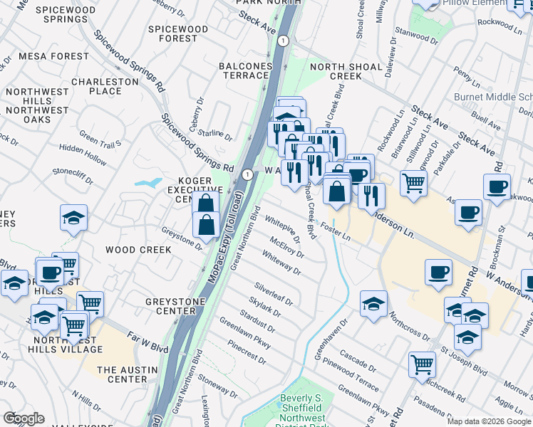 map of restaurants, bars, coffee shops, grocery stores, and more near 3207 Whitepine Drive in Austin
