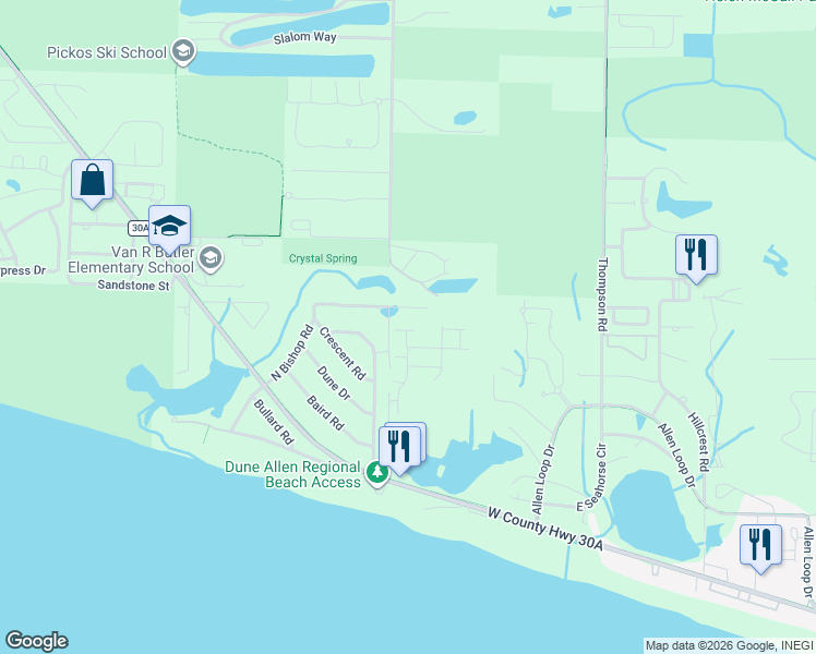 map of restaurants, bars, coffee shops, grocery stores, and more near 302 Hilltop Drive in Santa Rosa Beach