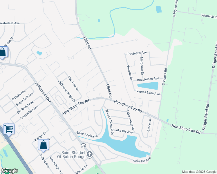 map of restaurants, bars, coffee shops, grocery stores, and more near 10120 Elliot Road in Baton Rouge