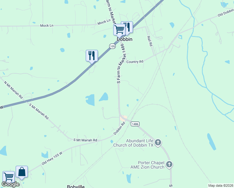 map of restaurants, bars, coffee shops, grocery stores, and more near 655 South Farm to Market 1486 in Montgomery
