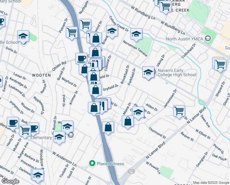 map of restaurants, bars, coffee shops, grocery stores, and more near 1305 Larkspur Road in Austin