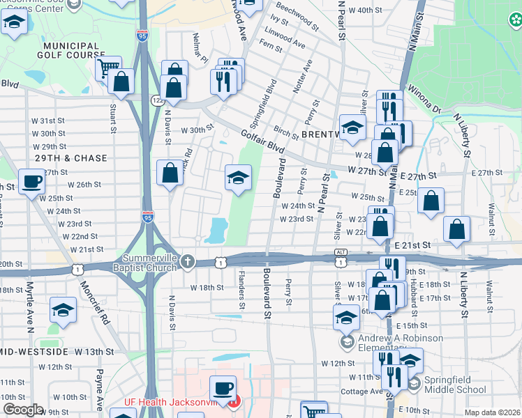 map of restaurants, bars, coffee shops, grocery stores, and more near 532 West 24th Street in Jacksonville