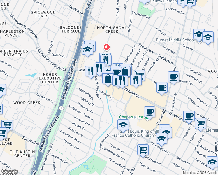 map of restaurants, bars, coffee shops, grocery stores, and more near 7817 Rockwood Lane in Austin