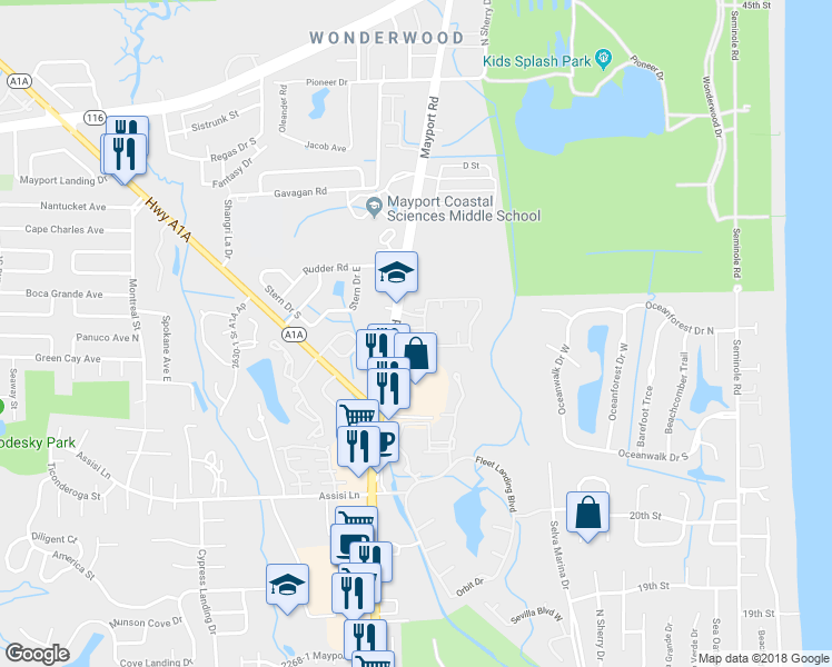 map of restaurants, bars, coffee shops, grocery stores, and more near 2593 Mayport Road in Atlantic Beach