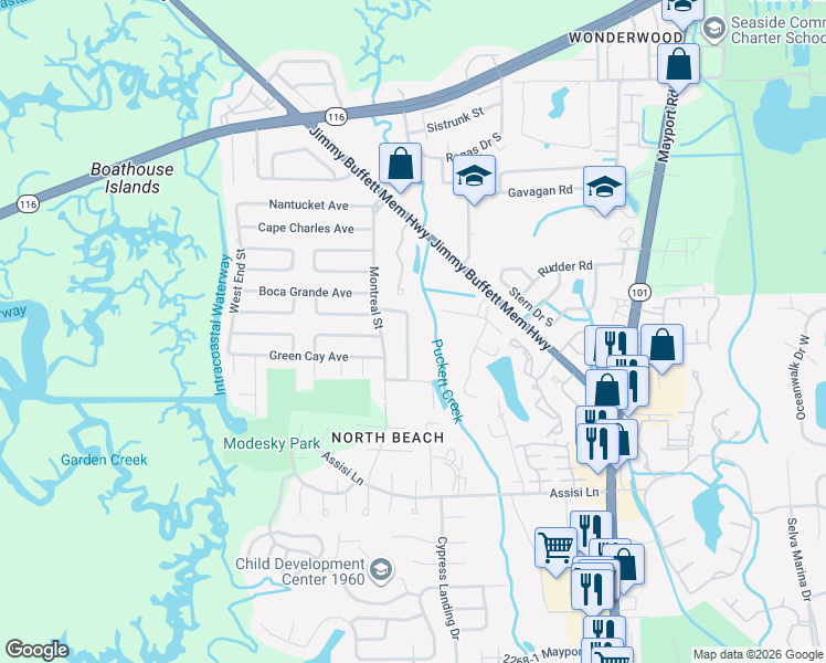 map of restaurants, bars, coffee shops, grocery stores, and more near 2489 Spokane Avenue East in Atlantic Beach