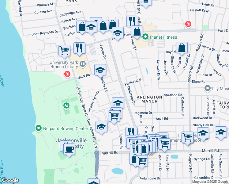 map of restaurants, bars, coffee shops, grocery stores, and more near 5824 Justina Court in Jacksonville