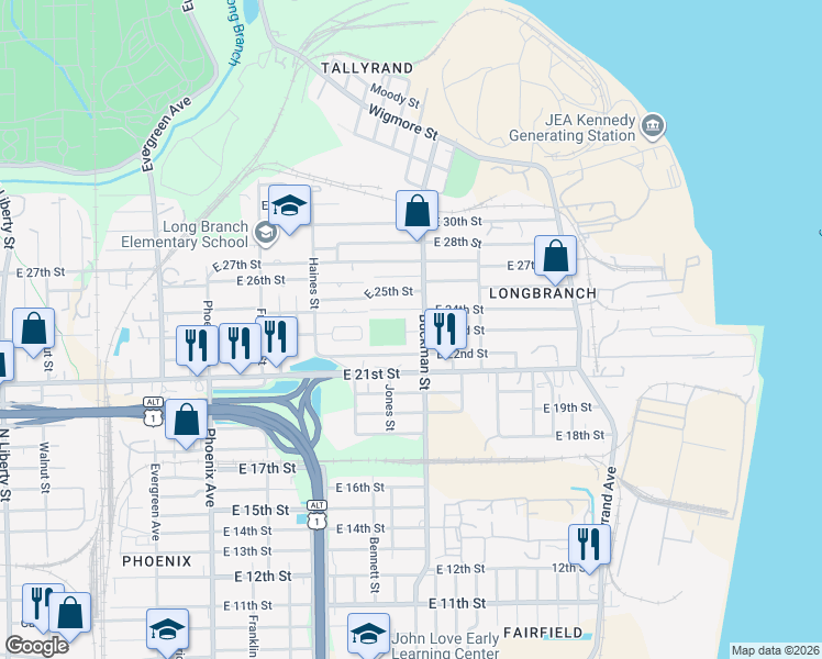 map of restaurants, bars, coffee shops, grocery stores, and more near 3216 Buckman Street in Jacksonville