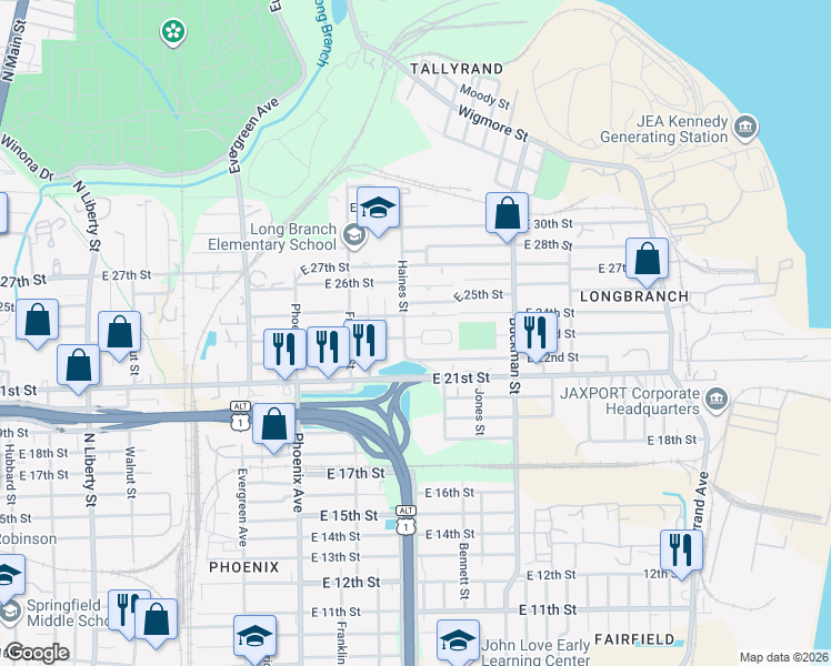 map of restaurants, bars, coffee shops, grocery stores, and more near 1450 23rd Circle South in Jacksonville