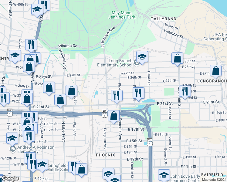 map of restaurants, bars, coffee shops, grocery stores, and more near 3230 Florida Avenue in Jacksonville
