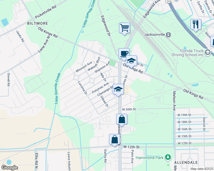 map of restaurants, bars, coffee shops, grocery stores, and more near 5223 Chenango Boulevard in Jacksonville
