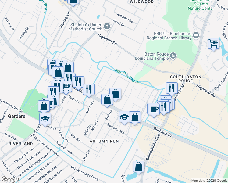 map of restaurants, bars, coffee shops, grocery stores, and more near 809 Summer Breeze Drive in Baton Rouge
